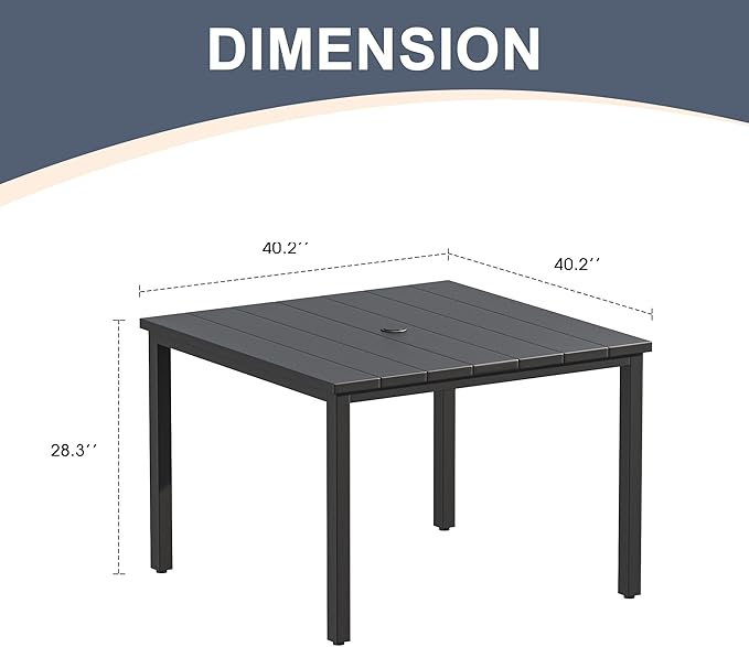 VICLLAX Outdoor Patio Dining Table for 4, Metal Square Patio Table with Umbrella Hole for Backyard Porch, Black 40.2"