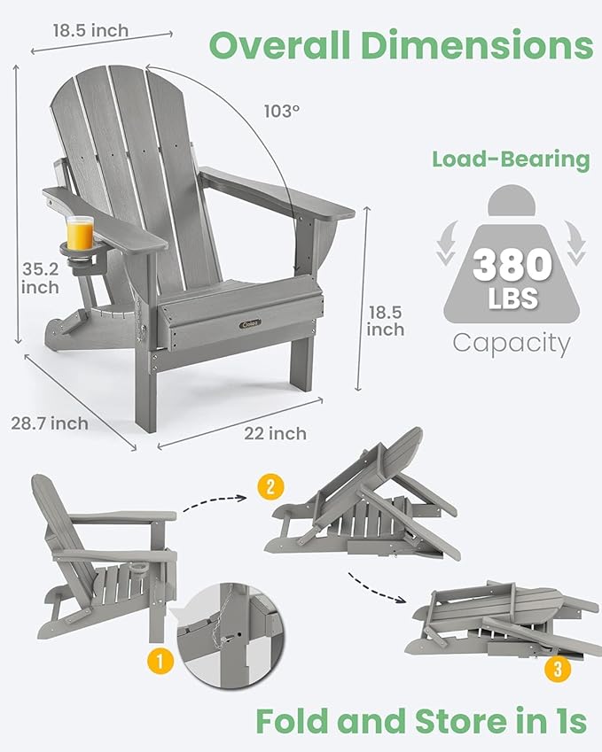 Ciokea Folding Adirondack Chair 2 Pack, Patio Adirondack Chair Weather Resistant, Plastic Fire Pit Chair with Cup Holder, Lawn Chair for Outdoor Porch Garden Backyard Deck (Grey)