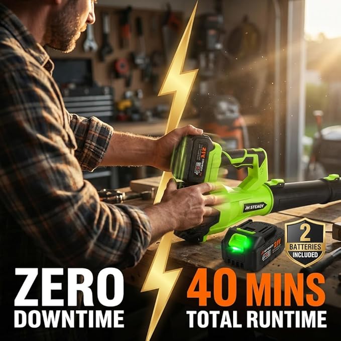 JH Steady 21V Cordless Leaf Blower - 3500W 350m/s, Stepless Variable Speed, Extended Nozzle, Rechargeable with Safety Gear (Green:1*Battery + Charger)