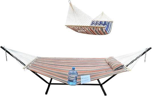 GOCAN Quilted Fabric Double Hammock Won't flip with Stand and Spreader Bars,Safer and Sturdier,Quality Hammocks for Outdoor Indoor Patio Yard Two Sided Dual use red/Blue