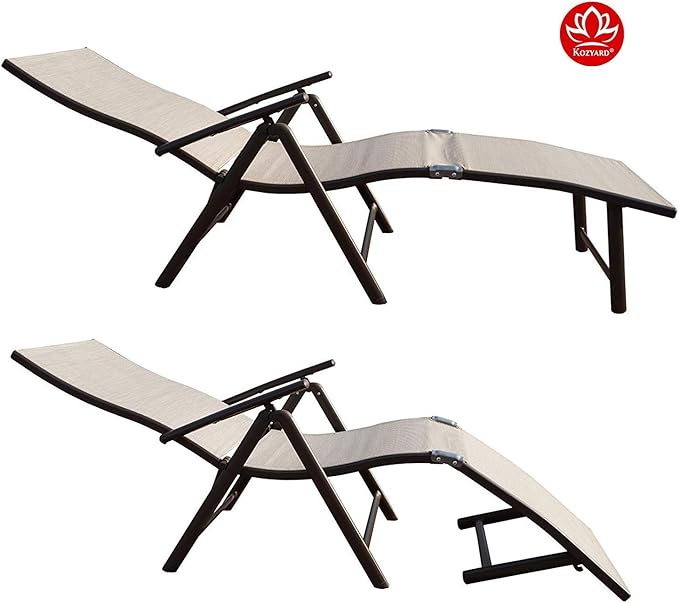 Kozyard Cozy Aluminum Reclining Lounge Chair - Perfect for Beach, Yard, Pool, Deck, Patio Outdoor Chaise Lounge with Drink Holder, Weather Free, Adjustable Assemble Free (Beige with Red Strip Cushion)
