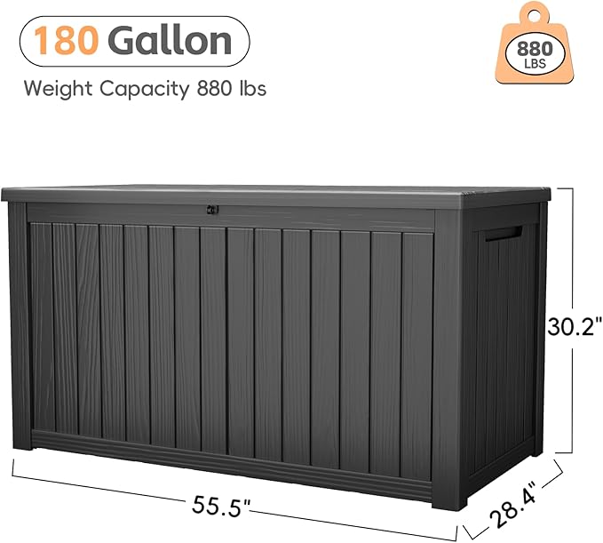 Outdoor Storage Box, 180 Gallon Waterproof Resin Deck Box, Storage Bin for Package Delivery, Patio Furniture Cushion, Garden Tools, Pool Accessories, Weatherproof and UV Resistant, Black