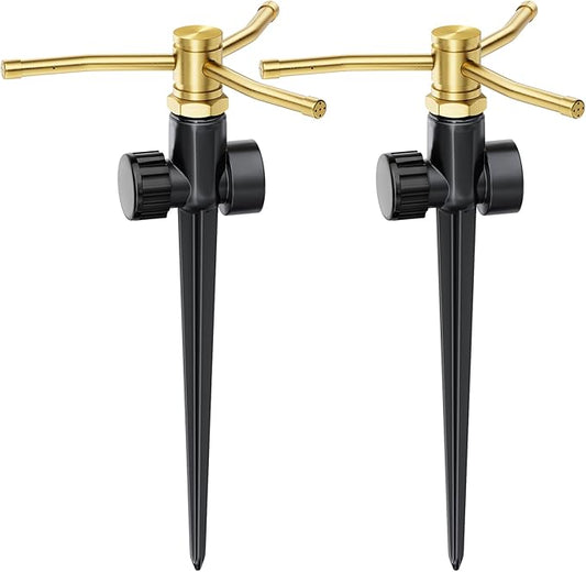 FANHAO 2 Pack Metal Lawn Sprinklers for Yard with Spike Base, 3-Arm Water Sprinkler 360 Degree Automatic Rotary Garden Sprinkler System, Large Yard Area Watering for Plant, Flower Bed and Patio