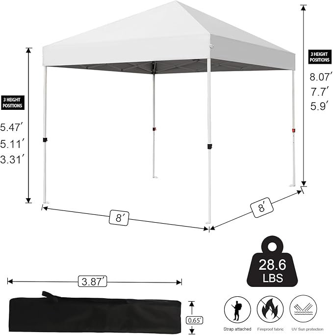 Northroad 8X8 FT Pop Up Canopy, Outdoor Instant Canopy Tent w/Carrying Bag, Portable Gazebo Shelter for Wedding Party,Commercial Event,Patio,Garden,Beach-White