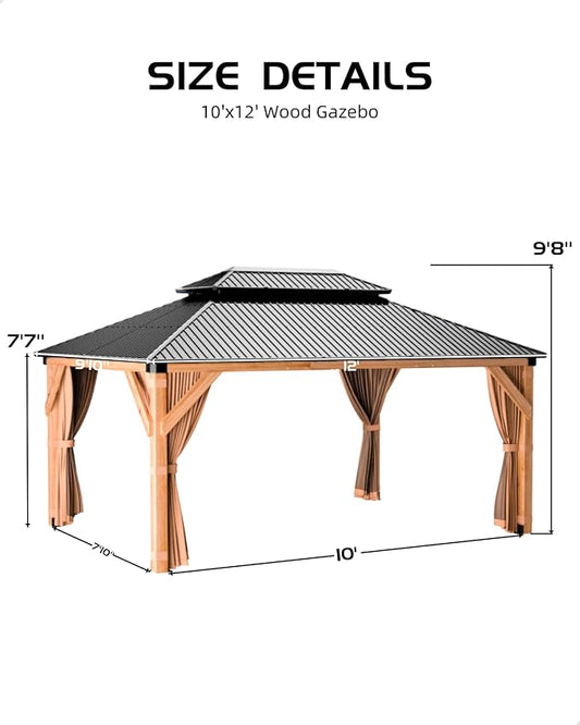 GarveeLife Hardtop Wood Gazebo 10 ft x12 ft for All Weather, with Double Metal Roof, Heavy Duty Wooden Frame, Net, and Curtain, Permanent Building for Patio, Deck, Backyard, Lawn, and Garden, Khaki