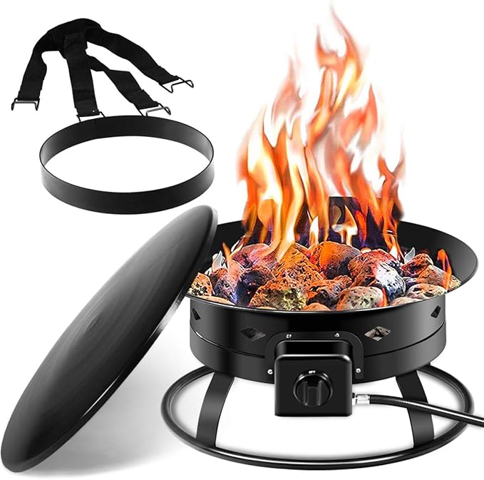 Giantex Portable Propane Fire Pit, 19" Outdoor Firepit, 58,000BTU Fire Bowl w/Cover & Carry Kit,Lava Rock Stone & Tank Stabilizer Ring, Gas Fire Pit for Outside Camping,Patio, Backyard, Black