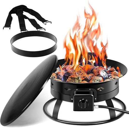 Giantex Portable Propane Fire Pit, 19" Outdoor Firepit, 58,000BTU Fire Bowl w/Cover & Carry Kit,Lava Rock Stone & Tank Stabilizer Ring, Gas Fire Pit for Outside Camping,Patio, Backyard, Black