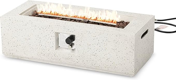 SUNBURY Outdoor 42 Inch Propane Fire Pit Table, Rectangular Fire Table, 40,000 BTU Spotted White Patio Gas Fire Table w Lava Rocks, Waterproof Cover