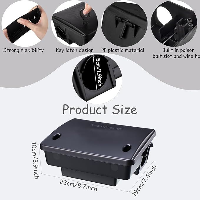 Qualirey 6 Pack Rat Bait Stations Large Rodent with Key Reusable Mouse Stations Mice Blocks Heavy Duty Boxes for Outdoor Rodents Mice Blocks, Bait Not Included, Black (8.66 x 7.5 x 3.9 Inches)