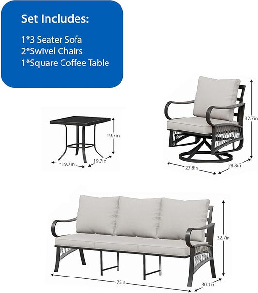 4 Piece Patio Furniture Set, All Weather Metal Outdoor Conversation Set with Swivel Chairs, Thick Cushions and Coffee Table for Garden, Porch, Lawn, Beige