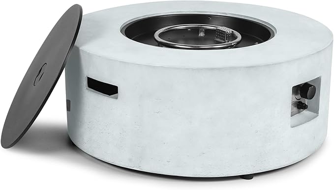 36" Round Propane Fire Pit Table,50,000 BTU Outdoor Concrete Gas Firepit with Lava Rocks & Rain Cover,Modern Patio Coffee Table for Backyard and Deck