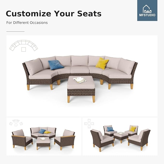MFSTUDIO 12 Pieces Wicker Patio Furniture Set, All-Weather Rattan Outdoor Half-Moon Curved Sectional Sofa Set for Garden, Backyard, 8 x Curved Sofa, 2 x armless Sofa, 2 x Ottoman