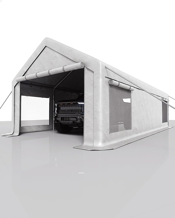 13x25 FT Carport,Heavy-Duty Carport with 4 Roll-Up Windows & Doors, Portable Garage 200g PE Tarp, Waterproof & UV Protected Outdoor Shelter for Car, Boat, Truck, Motorcycle