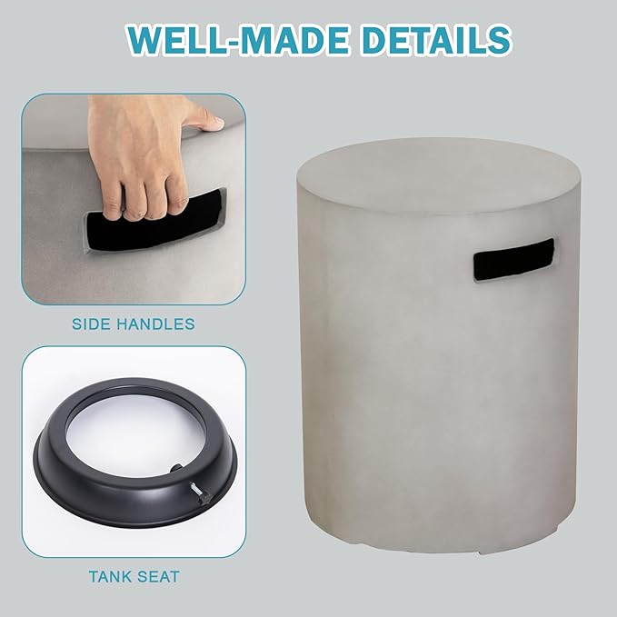 Propane Tank Cover Table, 20 LB Concrete Tank Storage Box, Modern Outdoor Gas Tank Covers Hideaway Table for Propane Fire Pit and Gas, Round Tank Holder with Handles (Gray) φ16 X 20inch