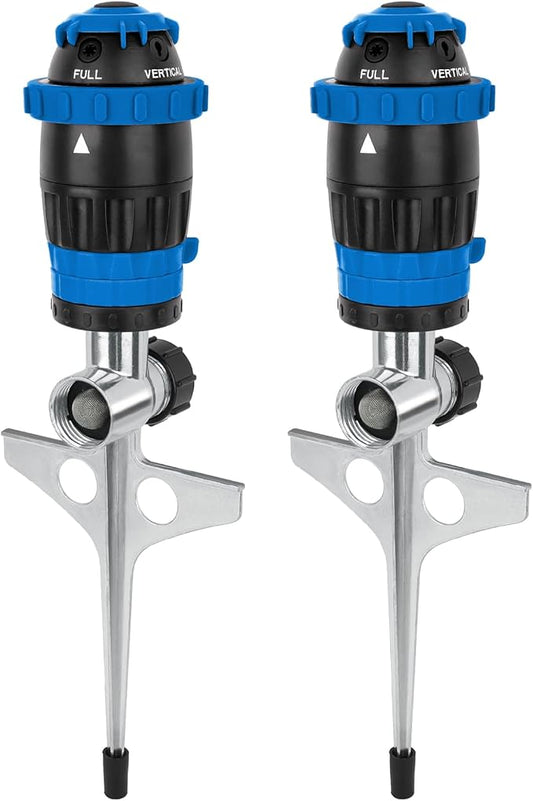 [2 Pack] RESTMO Gear Drive Sprinkler with Metal Spike Base, 5-Pattern Heavy Duty Gardening Watering System, Multi-Adjustable Lawn Sprinkle for Garden Plant, Flower Bed and Large Yard Area, Blue