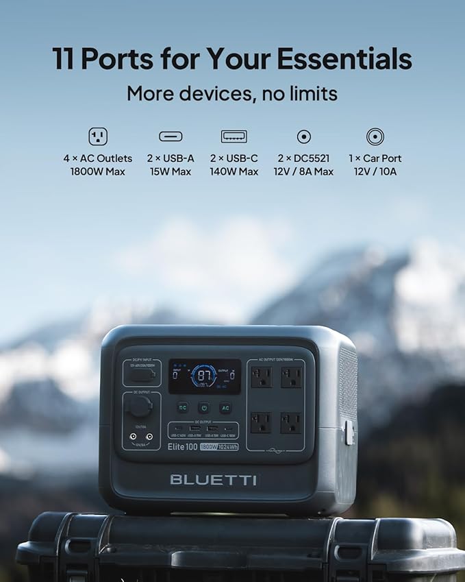 BLUETTI Elite 100 V2 Portable Power Station and Car Cable, 1024Wh LFP Battery Solar Generator w/ 4 1800W AC Outlets (3600W Surge) Backup, 35% Smaller for Camping, RV, Outages (Solar Panel Optional)