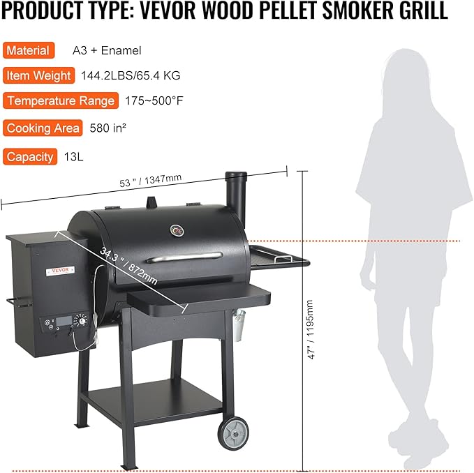 VEVOR Smoker Grill, Portable Wood Pellet Grill with Cart, 500°F Max Temperature, 580 SQ.IN Cook Area, 8 IN 1 BBQ Grill with PID Temperature Control & Meat Probe for Outdoor Cooking, Camping, Backyard
