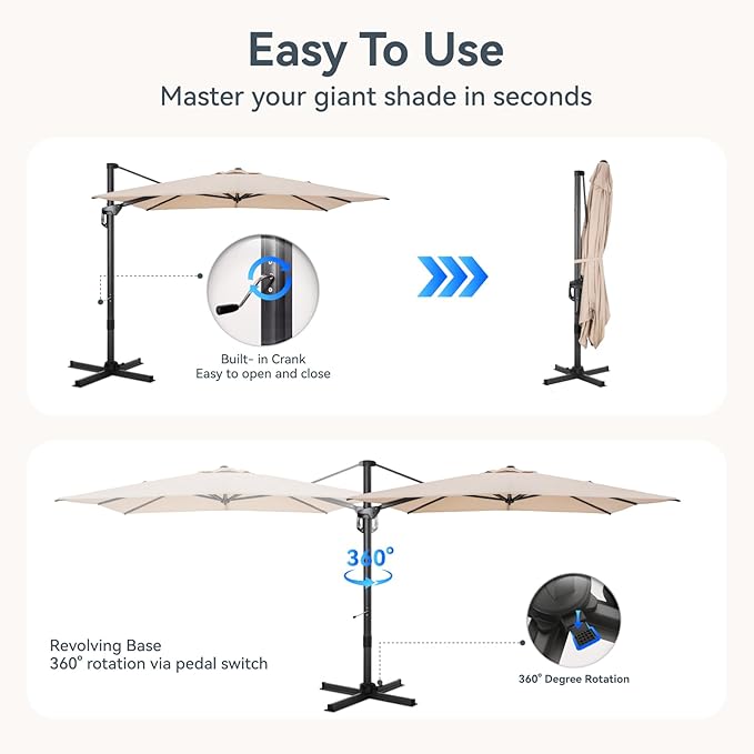 GREEN PARTY 9x12 ft Cantilever Patio Umbrella with Base, Rectangle Offset Outdoor Umbrellas with 360° Rotation, 5-Year-Non-Fading Hanging Pool Umbrella for Garden Deck Poolside - Beige