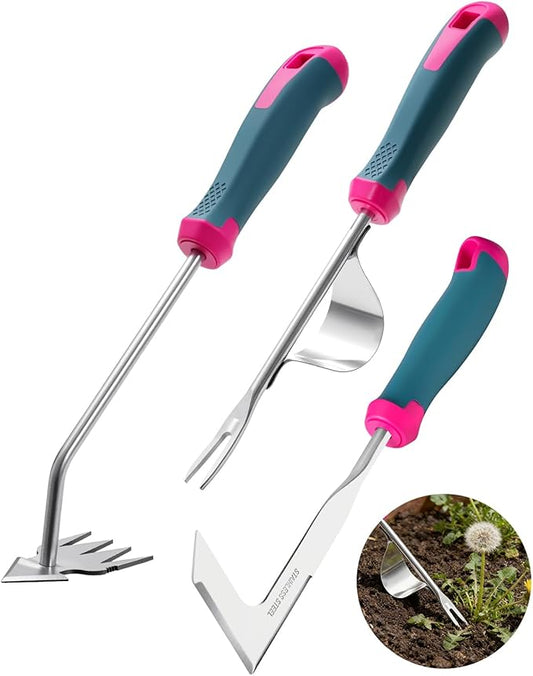 Weed Puller Tool Set, Stainless Steel Garden Weed Pullers & Hand Weeder Tool for Cracks, Crevices & Driveways, Ergonomic Non-Slip Handle Weed Remover & Crack Weeder Tool Kit (Weeder Tools set-3PC)