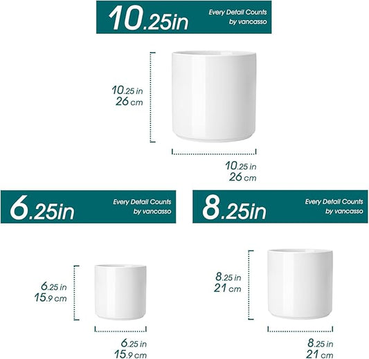 vancasso 6"+8"+10" Ceramic Pot for Plants, Large Outdoor Indoor Planter Pots with Drainage Holes, Set of 3, White