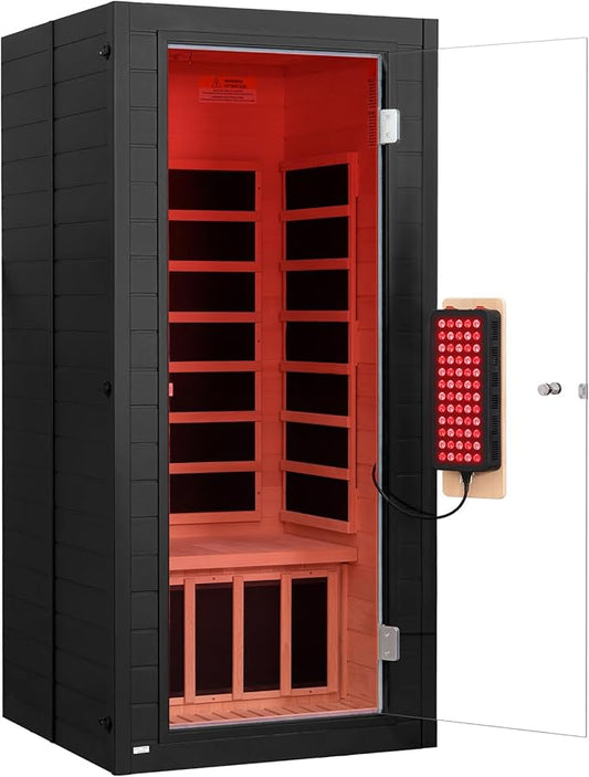 springspa Full Spectrum Infrared Sauna, 1 Person Infrared Saunas with Red Light Therapy for Home, Canadian Hemlock Wooden Indoor Sauna Spa Room with 7 Chromotherapy Lights, Bluetooth Speakers