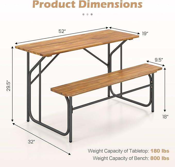 Tangkula Patio Dining Bench Set, Heavy-Duty Outdoor Acacia Wood Dining Furniture with Metal Legs for Balcony, Backyard, Poolside, Garden (1,52” x 32” x 29.5”)