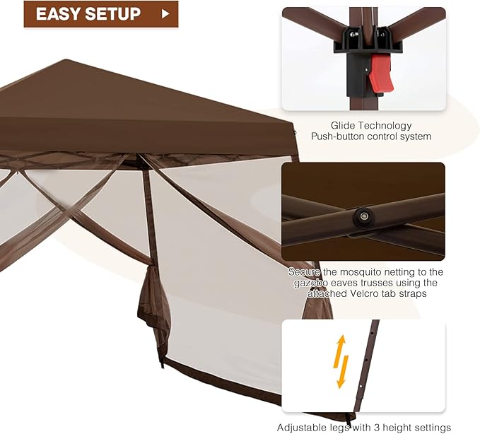 INTER HUT 10x10 Pop up Canopy Tent with Mesh Netting, Slant Leg Instant Screened House Gazebo, Brown