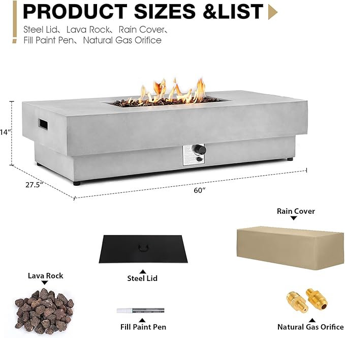 60-inch Outdoor Propane Fire Pit Table, 50,000 BTU Natural Gas Firepit Rectangule Concrete Fire Table with Steel Lid, Natural Gas Orifice, Rain Cover for Outside Patio, Deck, Backyard, Garden