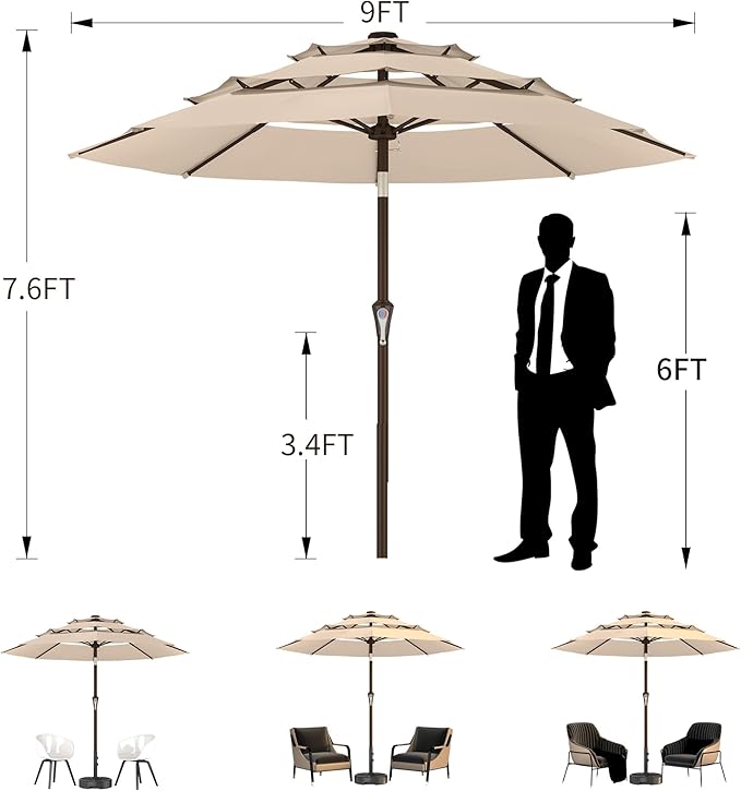 Ayge 9FT 3-Tier Large Outdoor Patio Umbrella Market Table Umbrella-UV Resistant,Easy Push Button Tilt and Crank,8 Sturdy Fiberglass Ribs Heavy-Duty Pool Umbrella for Deck,Backyard,Garden,Yard,Navy