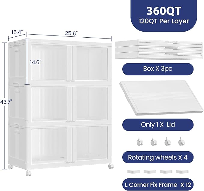 360Qt Stackable Storage Bins with Lid and Wheels, 90Gal Plastic Closet Organizer and Storage Drawer, Large Collapsible Storages Box Cabinet with Clear Door for Home Kitchen Office, 3Pack White