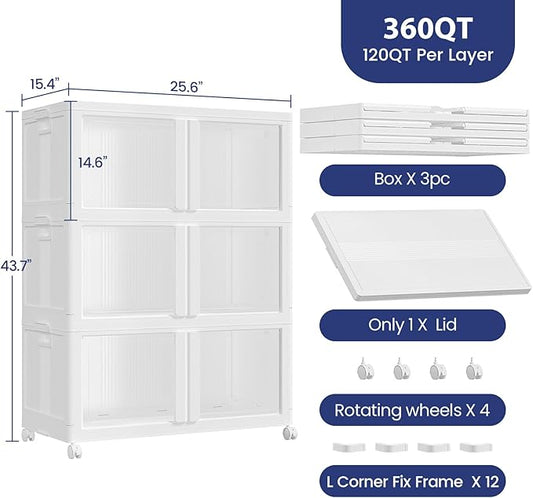 360Qt Stackable Storage Bins with Lid and Wheels, 90Gal Plastic Closet Organizer and Storage Drawer, Large Collapsible Storages Box Cabinet with Clear Door for Home Kitchen Office, 3Pack White