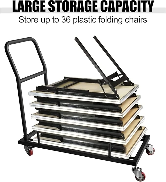Folding Chair Dolly with 2 Swivel Casters, Brakes& 2 Fixed Straight Casters, L-Shaped Steel Storage Cart Commercial & Home Kitchen Folding Chairs Racks