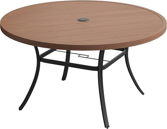 DIFY 50" Round Outdoor Patio Dining Table for 6, Metal Patio Table with 1.57" Adjustable Umbrella Hole, All-Weather Dining Furniture Table for Backyard Lawn Garden, Walnut