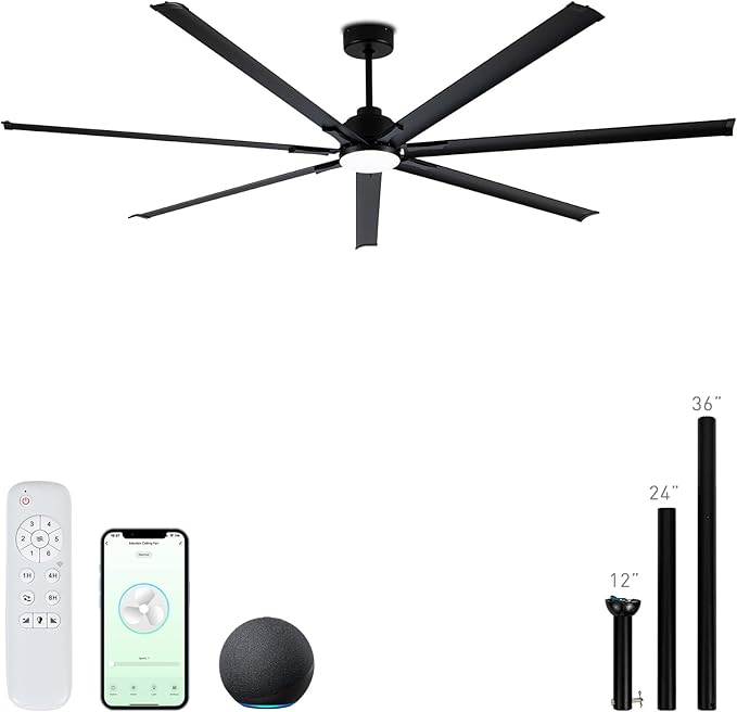 96" Industrial & Commercial HVLS 7 Black Aluminum Blades Ceiling Fan with Light,Works with Alexa,High CFM Brushless Motor,6-Speed,Indoor Outdoor Ceiling Fan for Patio,Garage,Shop,Library