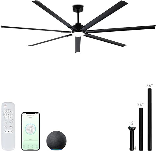 96" Industrial & Commercial HVLS 7 Black Aluminum Blades Ceiling Fan with Light,Works with Alexa,High CFM Brushless Motor,6-Speed,Indoor Outdoor Ceiling Fan for Patio,Garage,Shop,Library