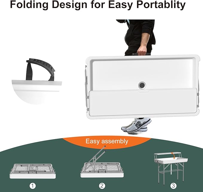 IWDOO 2 Tiers 4 Foot Ice Cooler Table, Folding Tailgate Camp Fishing Cleaning with Matching Skirt & Drain Hose, Plastic Ice Table for Party, BBQ, Camping, Picnic, Barbecues to Keep Drinks Cool, White