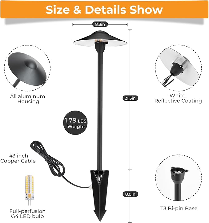 Gardencoin Low Voltage Pathway Lights (8.5'' Shade, 21.5'' Tall)，12V Outdoor LED Landscape Path Lights Wired, Aluminum Pathway Lighting with 3W 2700K Replaceable Bulb for Walkway Garden Yard, 6 Pack