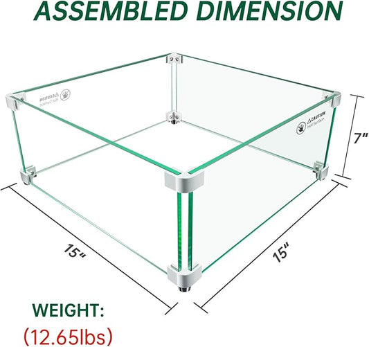 Fire Pit Wind Guard: 15" x 15" x 7" Square Glass Wind Guard for Outdoor Propane/Natural Gas Fire Pit Table, Clear Tempered Glass and Hard Aluminum Corner Brackets, Easy Assembly