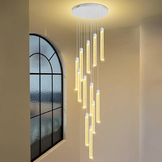 118'' Modern Glam Crystal Column Chandelier for High Ceiling LED Dimmable Pendant Light Staircase Foyer Enterway Living Room Ceiling Chandelier Lighting Silver 12 Lights
