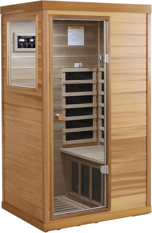 LTCCDSS Infrared Sauna, Red Cedar Far Infrared Sauna with 1050W, 1 Person Wood Sauna with 6 Low EMF Heaters, 2 Bluetooth Speakers, LED Lamp Left Door