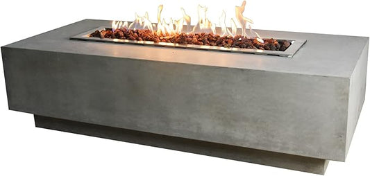 Elementi Granville 60 Inch Rectangular Concrete Natural Gas Fire Pit Table + 42 Inch Stainless Steel Fire Pit Cover + Tempered Glass Wind Screen Guard
