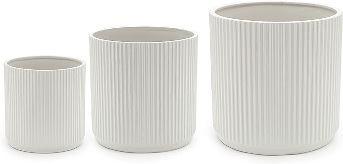 Amazon Basics Assorted Sizes Fluted Ceramic Round Indoor Outdoor Planters with Drainage, Set of 3, Modern Design, 6 inch, 8 inch, 10 inch, White