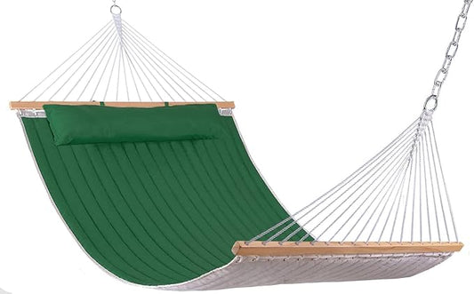 Lazy Daze Hammocks 12 FT Double Quilted Fabric Hammock with Spreader Bar and Detachable Pillow, 2 Person Hammock for Outdoor Patio Backyard Poolside, 450 LBS Weight Capacity, Dark Green