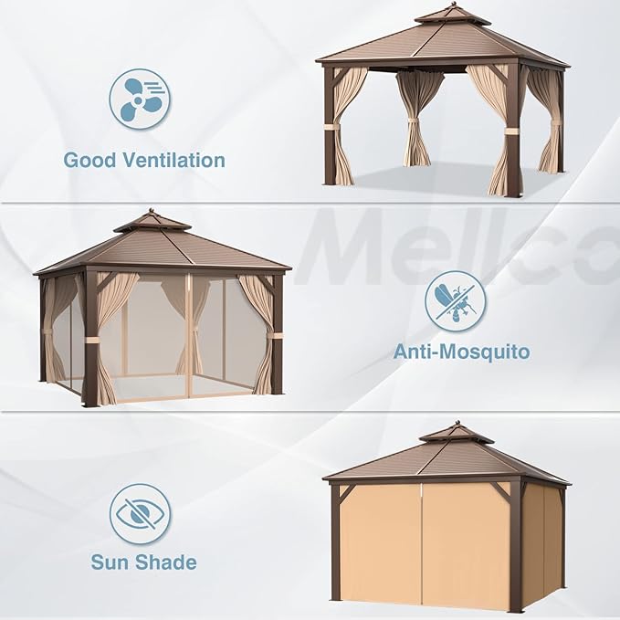 MELLCOM 12' x 12' Hardtop Gazebo, Galvanized Steel Double Roof Outdoor Gazebos, Aluminum Frame with Netting and Curtains for Patios, Gardens, Lawns