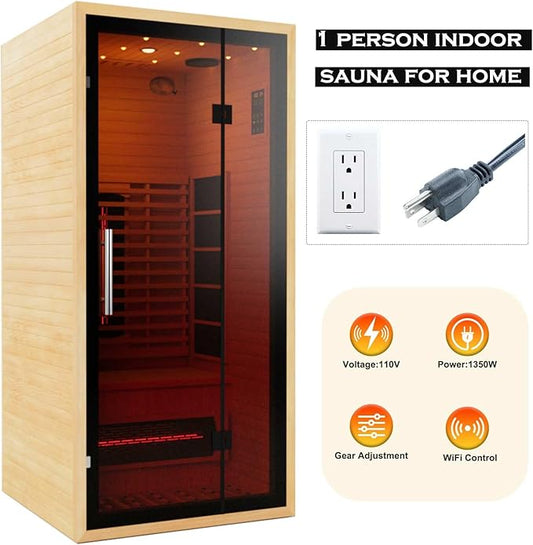 Smartmak Full Spectrum Far Infrared Sauna, 1 Person Indoor Canadian Hemlock, Upgraded WiFi Home Spa Sauna, Low EMF, Speakers, Oxygen Bar, Reading & 7-Color Starlight (1350W,110V US Plug)