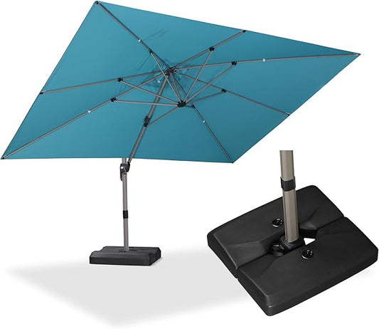 PURPLE LEAF 9' x 11' Patio Umbrella with Base Cantilever Umbrella Rectangular Outdoor Offset Umbrella with Champagne Frame and 360° Rotation for Garden Deck Pool, Turquoise Blue
