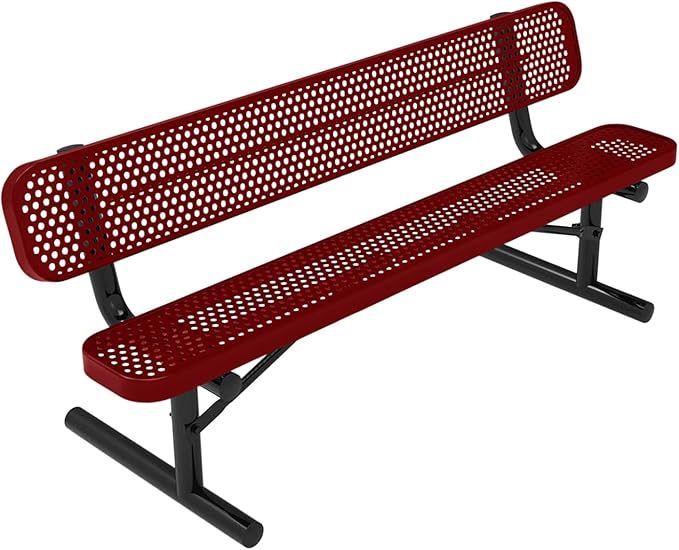 COATEDOUTDOORFURNITURE Heavy-Duty Portable Outdoor Bench Thermoplastic Coated, Punched Steel, Commercial-Grade Seating, Made in America (Portable with Back, 6 Ft, Textured Burgundy)