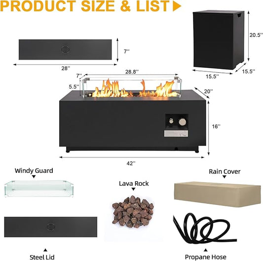 42-inch Outdoor Propane Fire Pit Table Rectangular - Modern Gas Fire Pits Patio CSA Certified Heavy-Duty Firepit 50,000 BTU Fire Table with Tank Cover, Wind Guard for Backyard, Deck(Black)