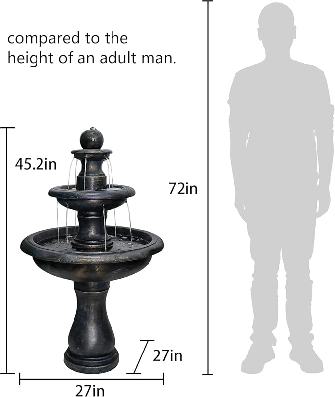 ourrco 45.2” H Outdoor Floor Water Fountain, 3-Tiers Concrete Water Fountain with Submersible Electric Pump - Garden Cascading Waterfall for Yard Patio Lawn Home Decor