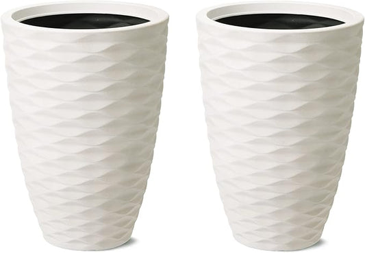 Glitzhome Set of 2 Outdoor Planter Polyresin Modern Decor Large Tall Gardening Containers Flower Pots, White